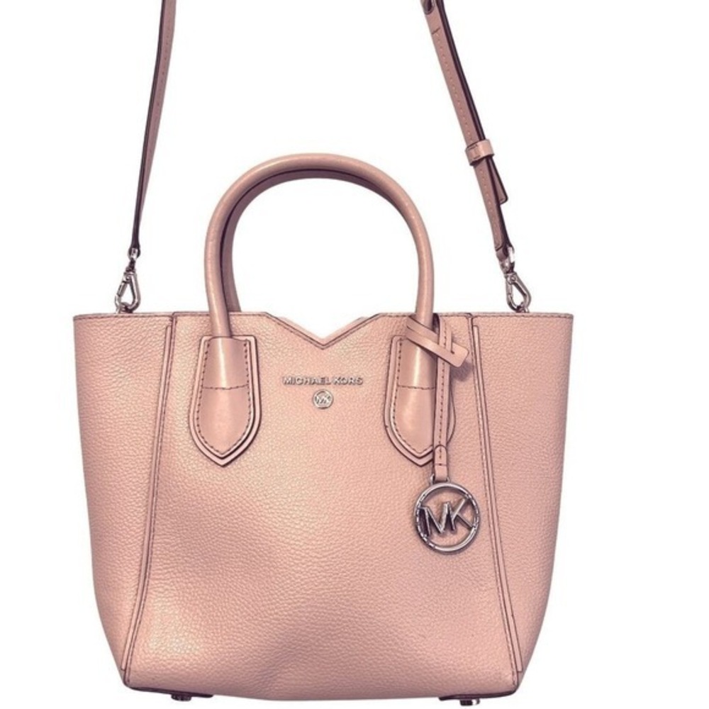 Michael Kors Mercer Medium Accordion Satchel Pink Pebbled Leather MK Charm